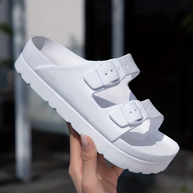 Women's Platform Footbed Sandals Double Buckle Slides Thick Bottom Slippers