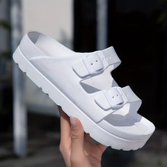 Women's Platform Footbed Sandals Double Buckle Slides Thick Bottom Slippers