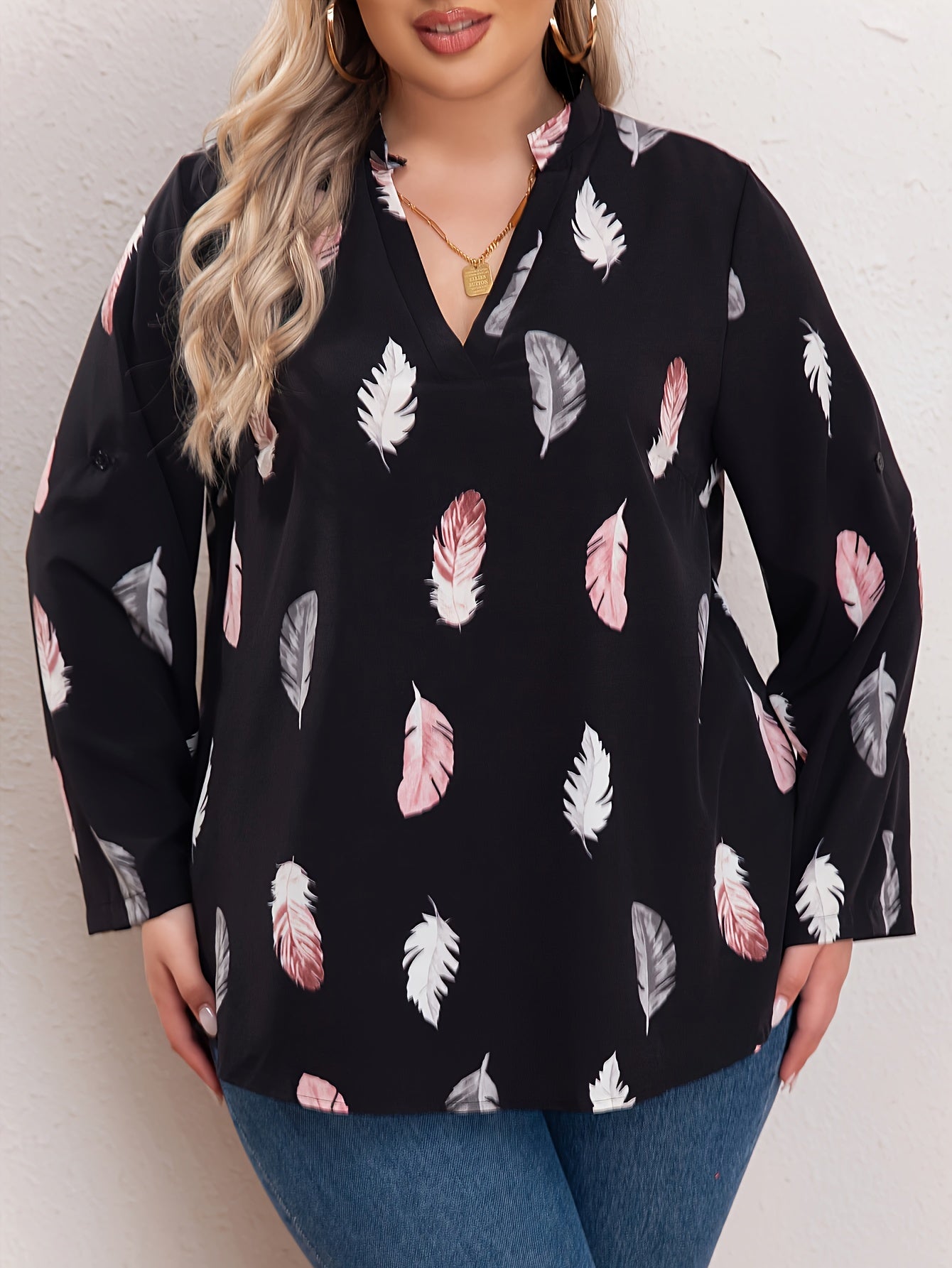  Feather Print Long Sleeve Top