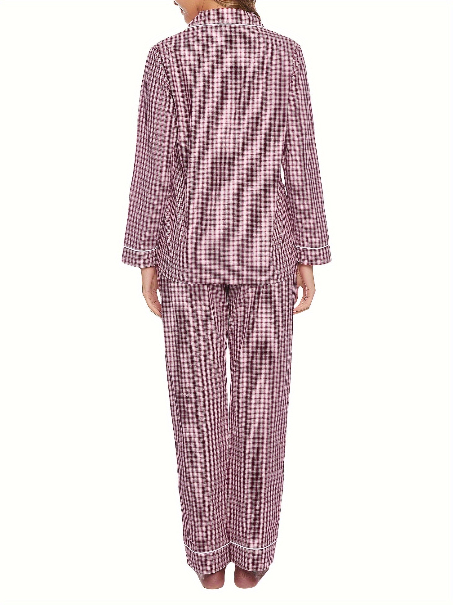 Plaid Print Lounge Set Long Sleeve Buttons Top & Elastic Waistband Pants