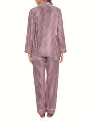 Plaid Print Lounge Set Long Sleeve Buttons Top & Elastic Waistband Pants