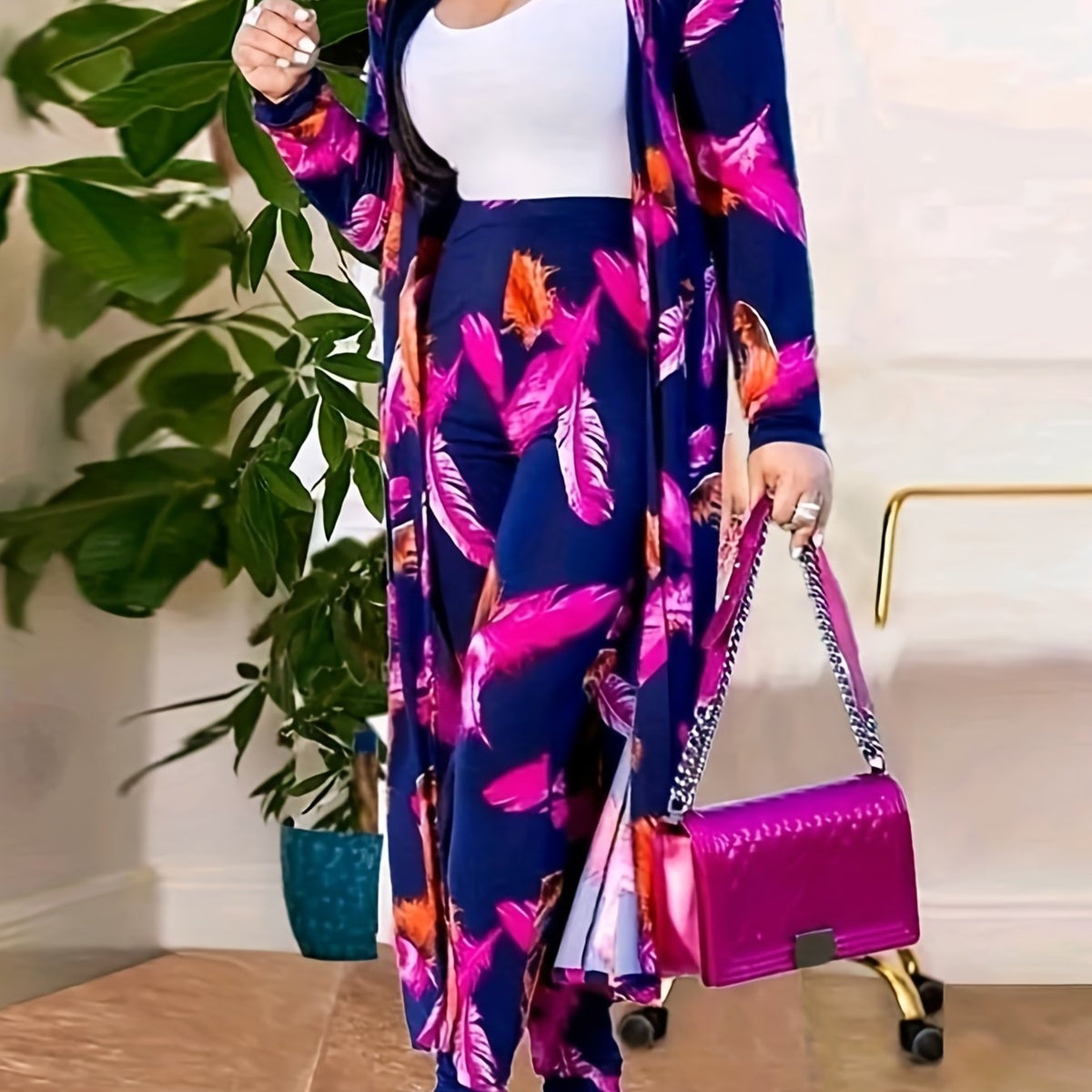  Tropical Print Cardigan & Pants Set