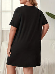  Casual Lounge Dress Women's Plus Cat & Slogan Print Short Sleeve