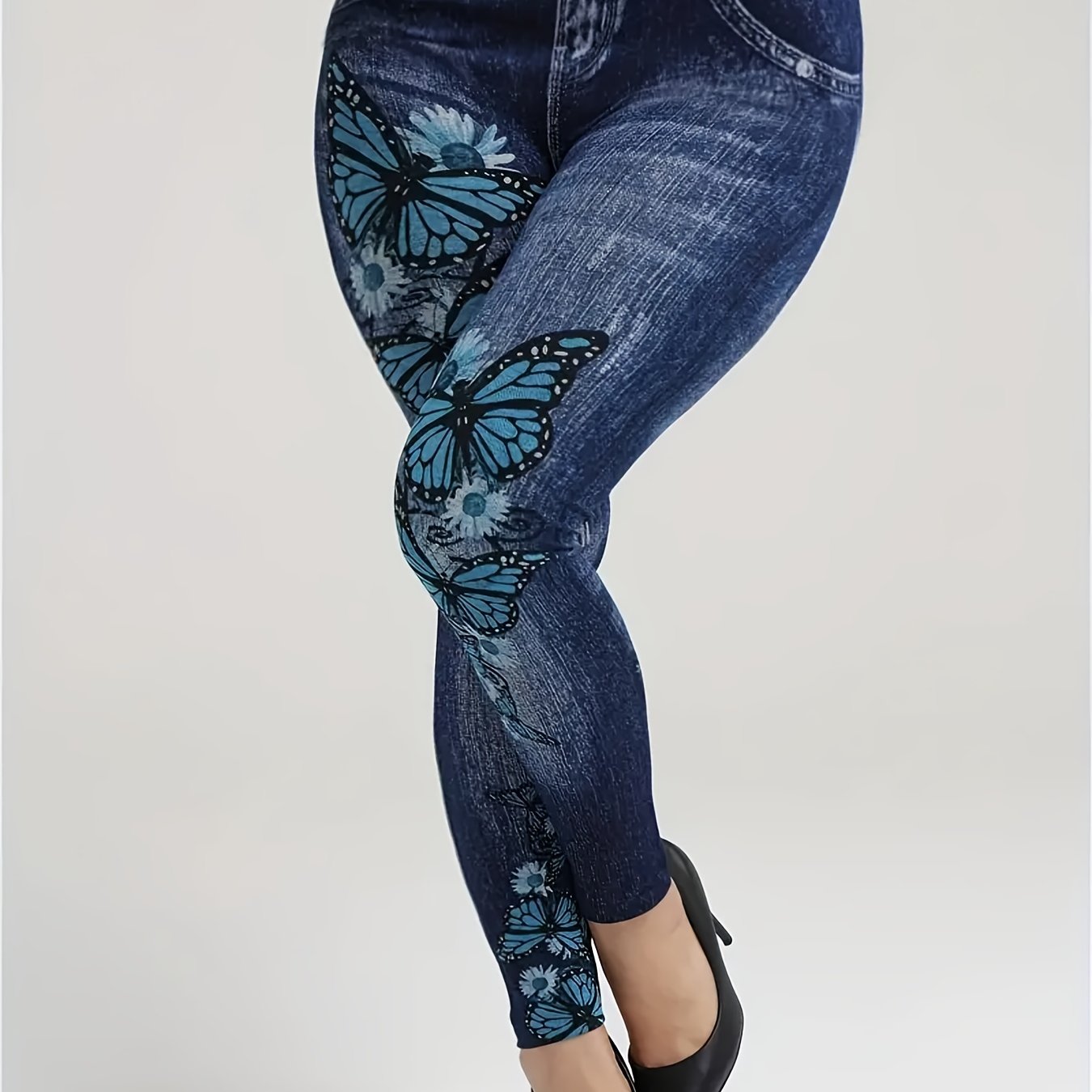  Denim & Butterfly Print High Rise Leggings