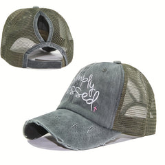 Blessed Ponytail Trucker Hat Embroidered Ripped Washed Distressed Baseball Cap