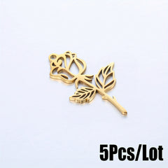 5PCS Stainless Steel Hollow Rose Flower Charms Pendants
