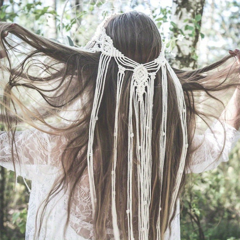 Boho Wedding Headband Beige Brown Bridal Veil Hairband for Women