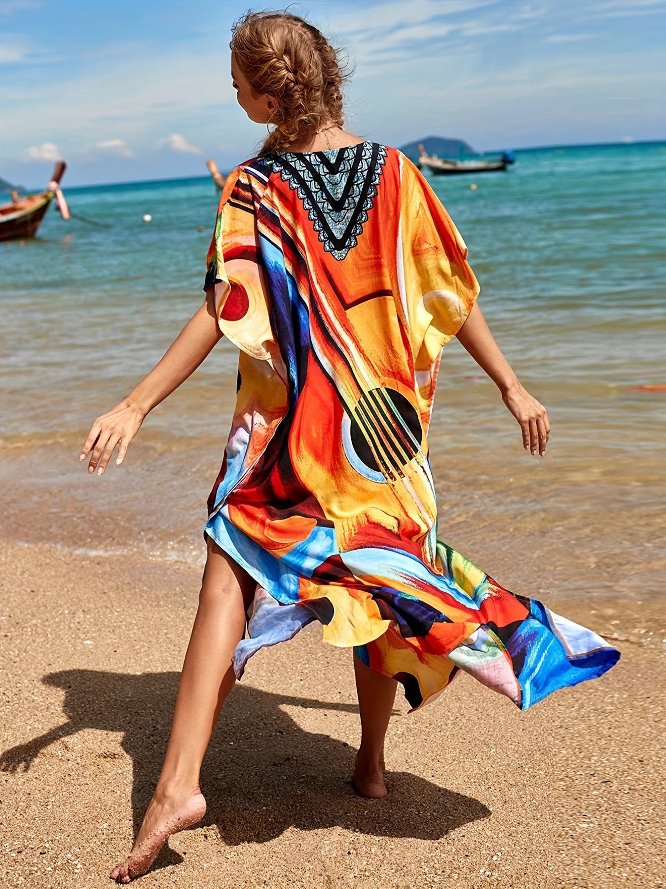 Colorful Abstract Art V Neck Cover Up Dress Kaftan