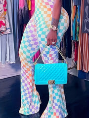  Ombre Checkerboard Print High Rise Flared Leg Trousers