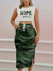 Casual Two piece Set Letter Print Top & Camo Split Skirt
