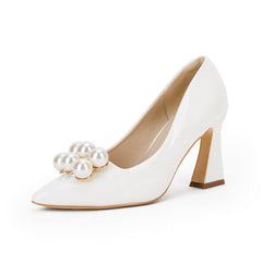 Women's Pearl Chunky High Heels Pointed Toe Slip On Pumps