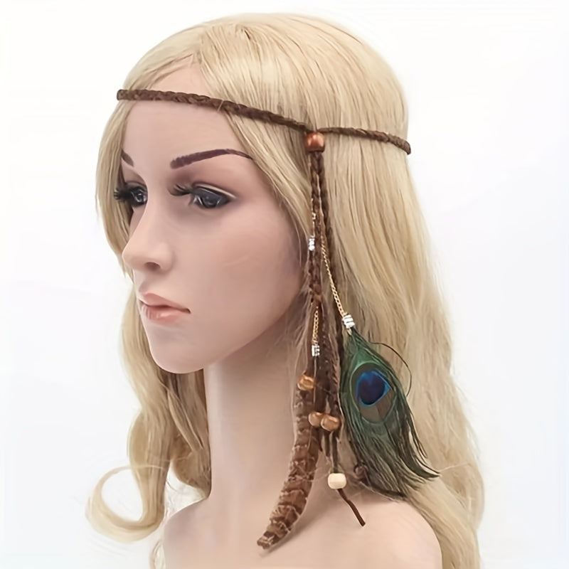 Boho Peacock Feather Headband Hair Rope