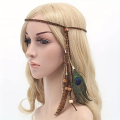 Boho Peacock Feather Headband Hair Rope