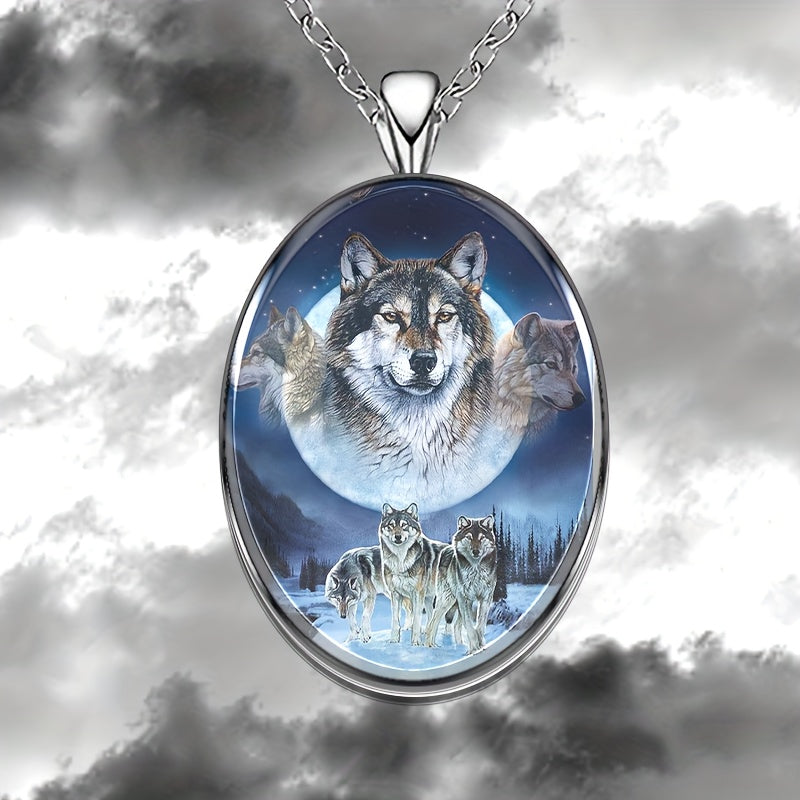 Wolf Round Pendant Necklace Hip Hop Animal Necklace Party Gift