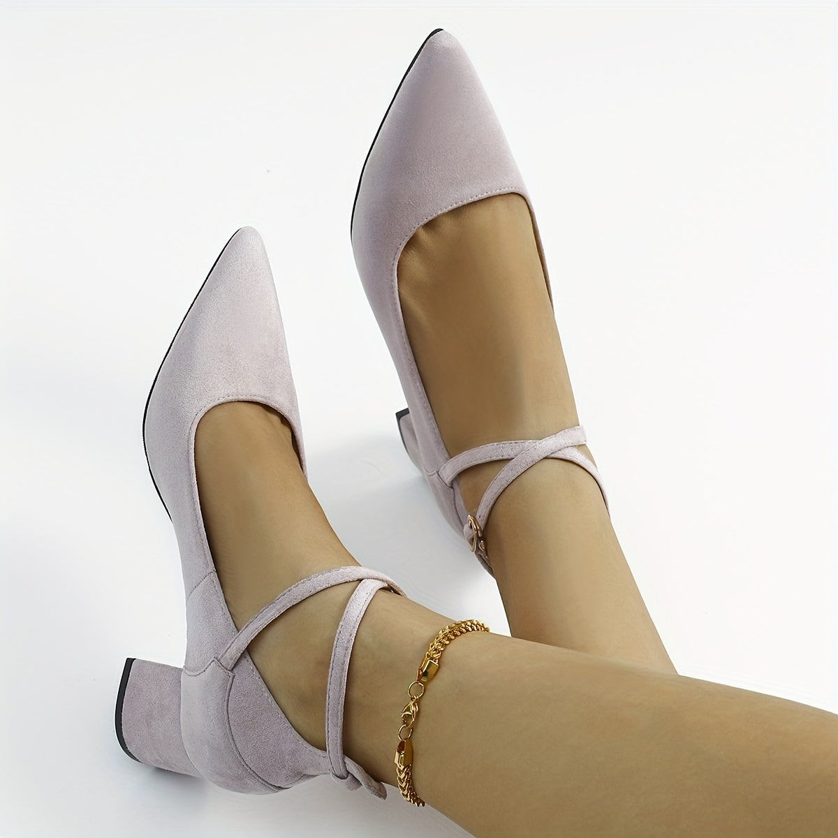 Women's Pointed Toe Chunky Heels Solid Ankle Strap Mid Heels