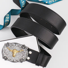 Vintage Western Cowboy Cow Head Men's Belt PU Leather