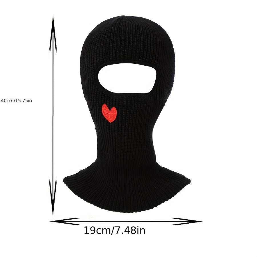 Red Heart Embroidery Ski Mask Solid Beanie Knitted Face Covering Elastic