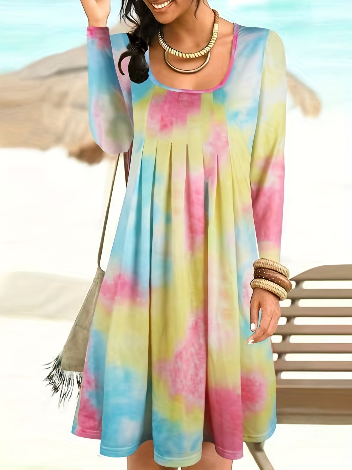  Women's Tie Dye Long Sleeve Ruched Dress