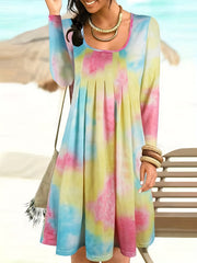  Women's Tie Dye Long Sleeve Ruched Dress