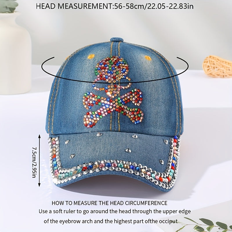 Skull Decor Baseball Cap Denim Distressed Dad Hat Sun Hats For Women