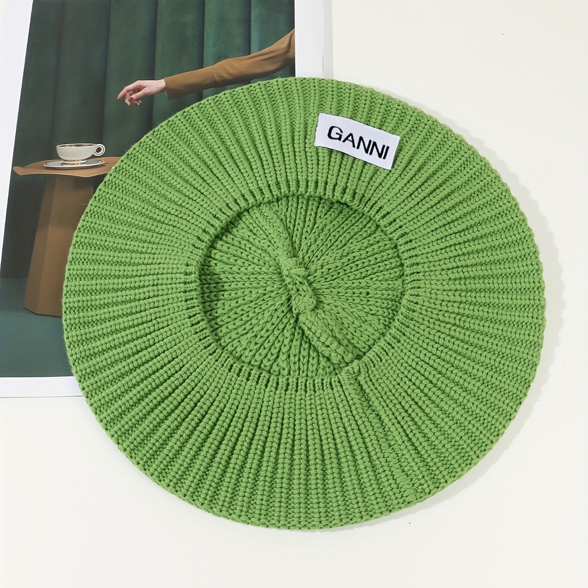 Green Knitted Beret Label Patch Beanie Casual British Style Artist Hat Warm
