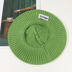 Green Knitted Beret Label Patch Beanie Casual British Style Artist Hat Warm