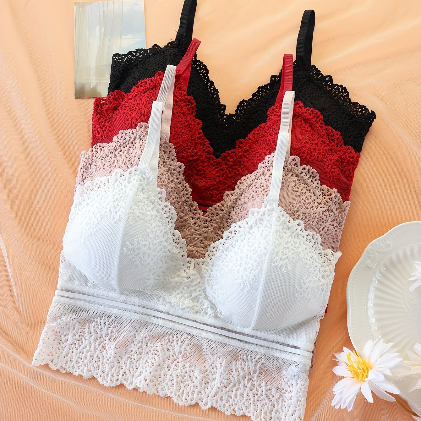 4pcs Lace Wireless Push Up Bras Breathable & Comfy Women's Lingerie