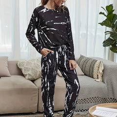 Tie Dye Print Lounge Set Long Sleeve Crew Neck Top & Elastic Waistband Pants