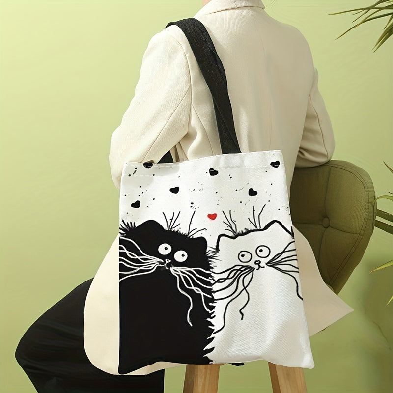Cat Print Canvas Tote Bag Cartoon Travel Beach Shoulder Bag