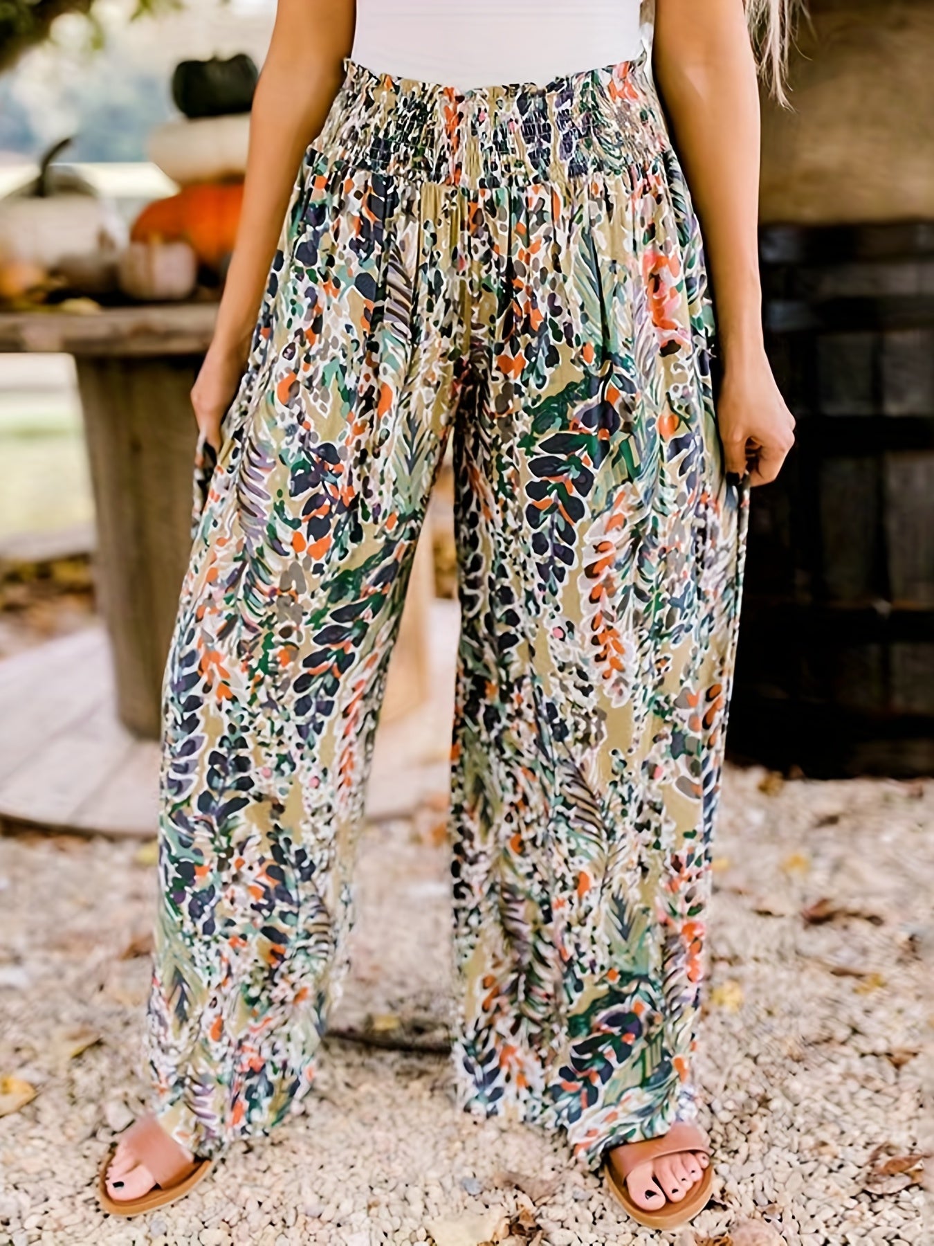  Leaf Print Shirred High Rise Wide Leg Pants