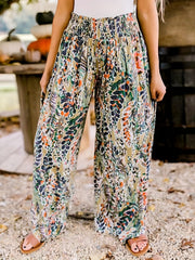  Leaf Print Shirred High Rise Wide Leg Pants