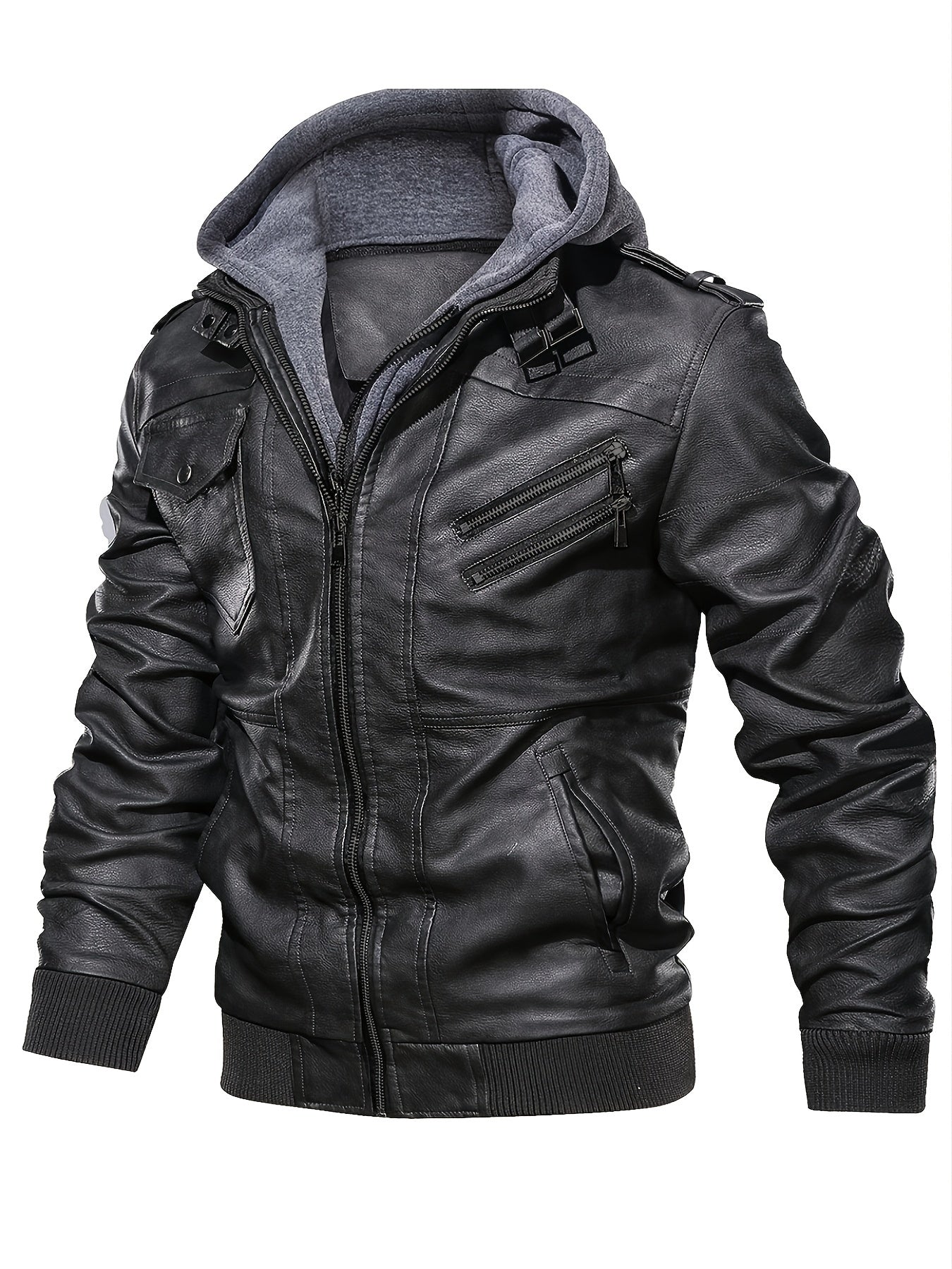Men's PU Leather Hooded Zipper Jackets with Pockets