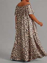 Leopard Print Off Shoulder Maxi Dress Plus Size Medium Stretch Long Dress