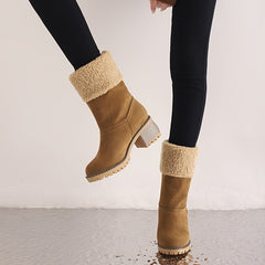 Women's Stacked Heel Mid Calf Snow Boots Plush Winter Slip On