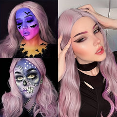 Colorful Long Wavy Wig Green Purple Middle Part Synthetic Hair for Halloween