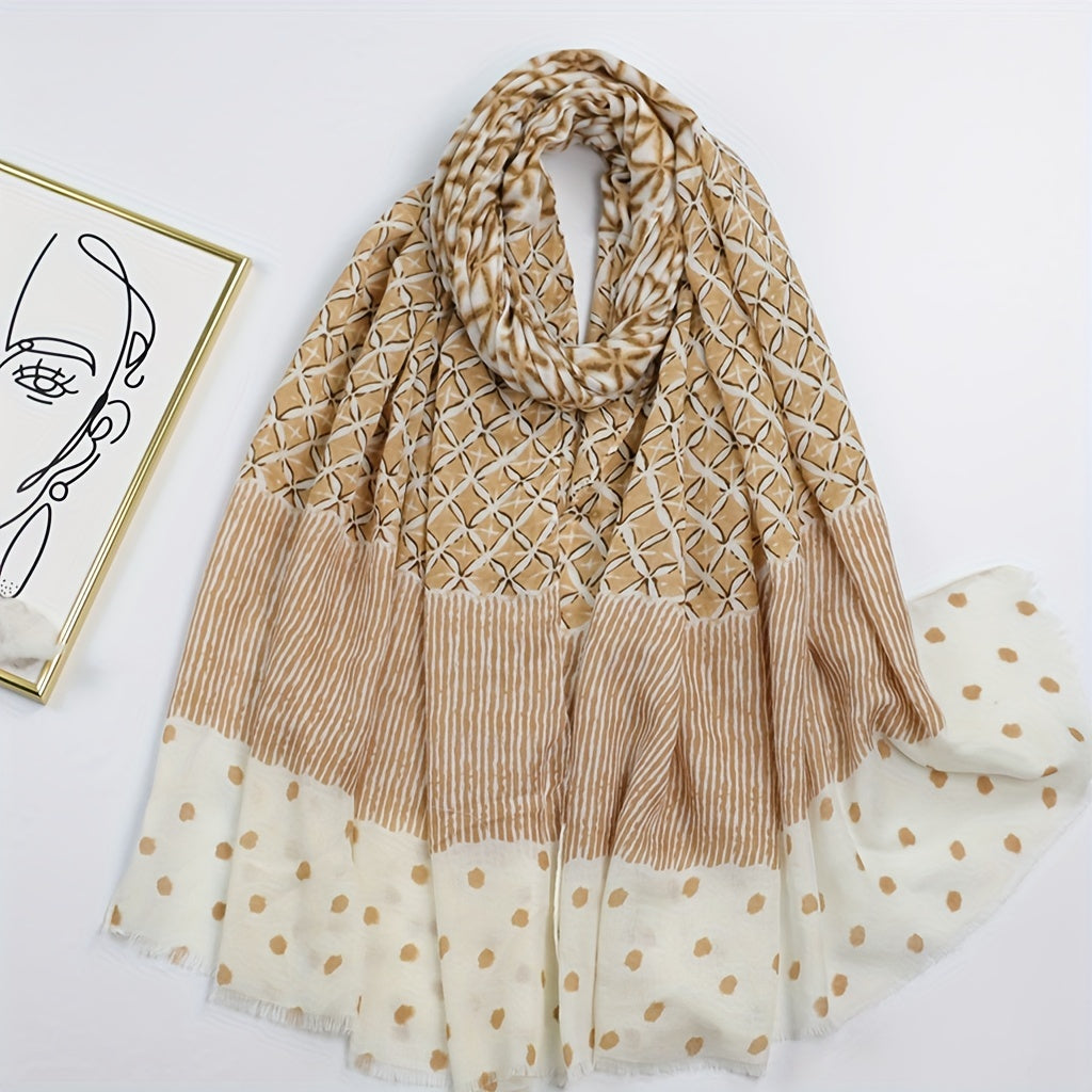 Geometric Dot Print Scarf Frayed Edge Block Shawl Casual Windproof