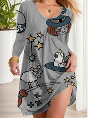  Halloween Dress Women's Plus Cartoon Witch Print Long Sleeve