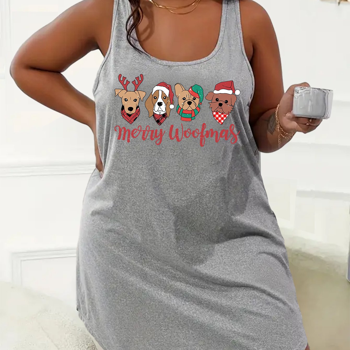  Christmas Nightdress Women's Plus Christmas Hat Puppy Print Tank