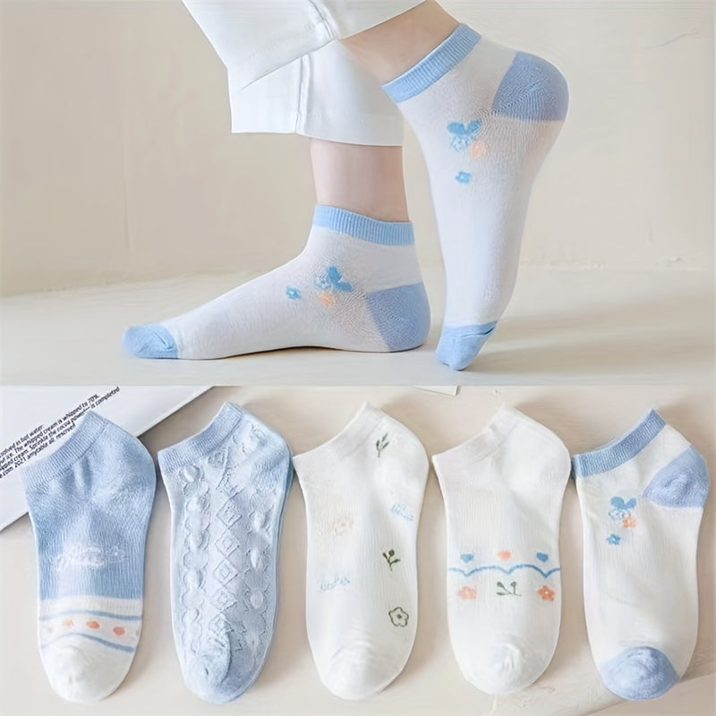 5 Pairs Floral Print Ankle Socks Soft Lightweight Women's Stockings