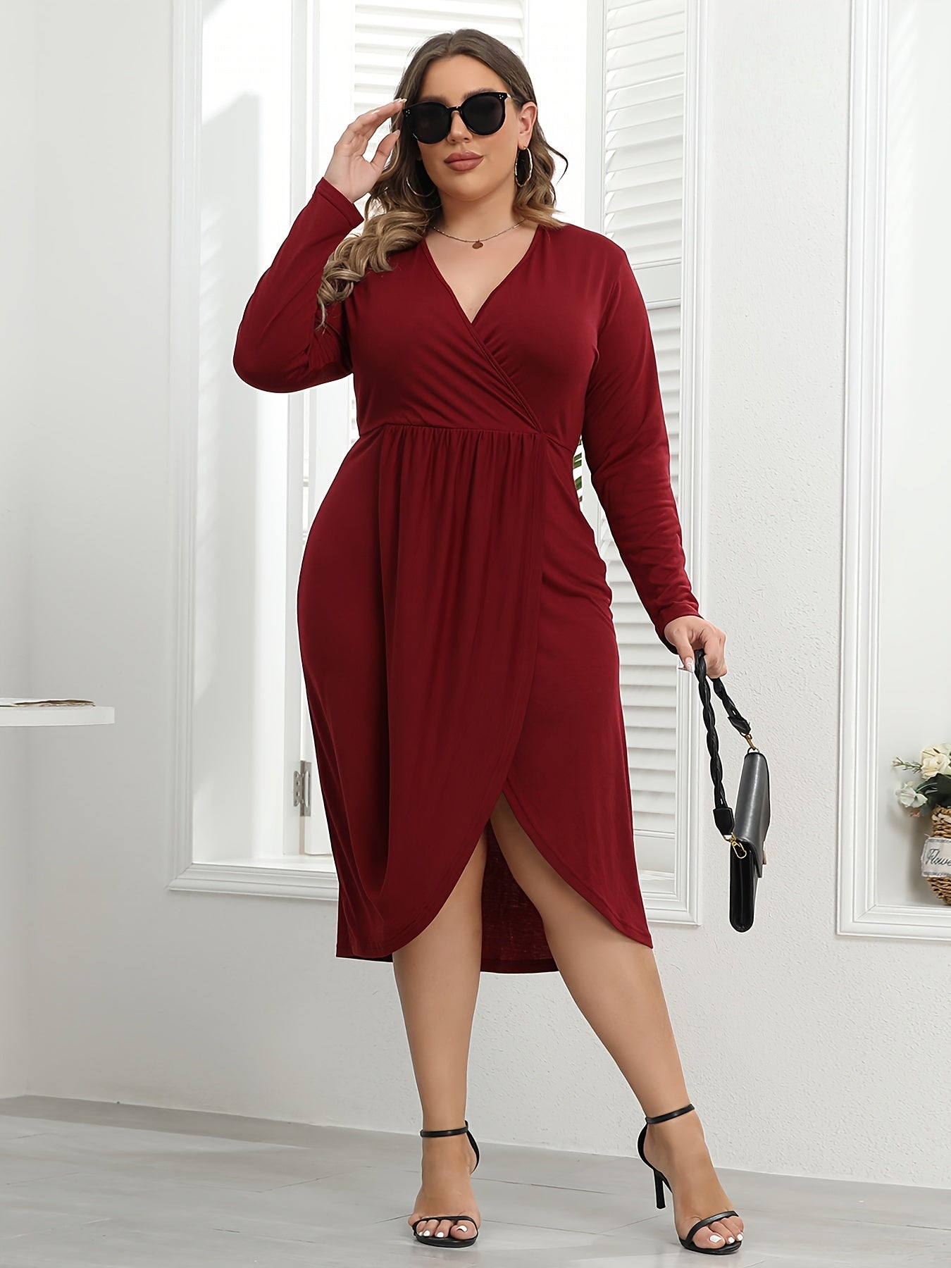  Solid Long Sleeve Wrap Dress