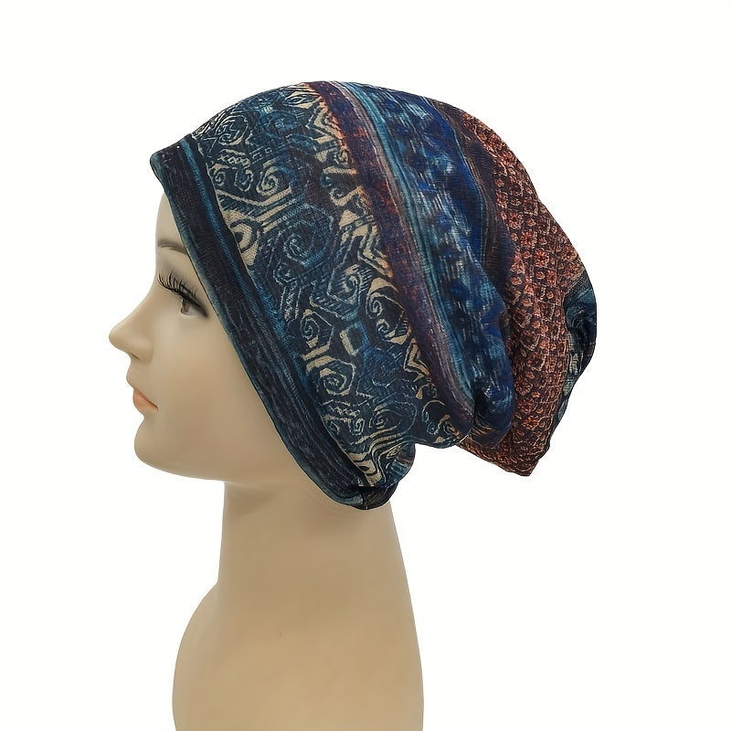 Boho Geometric Print Beanie Cap Vintage Skull Hat Lightweight Neck Gaiter