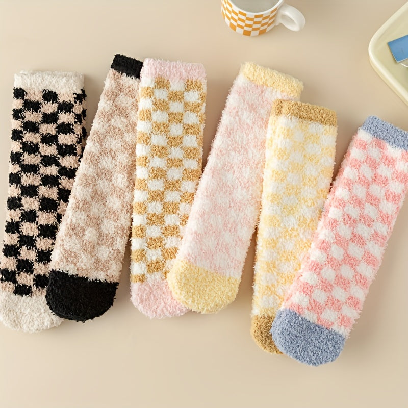 6 Pairs Plaid Fuzzy Socks for Women, Comfy & Warm Crew Floor Socks