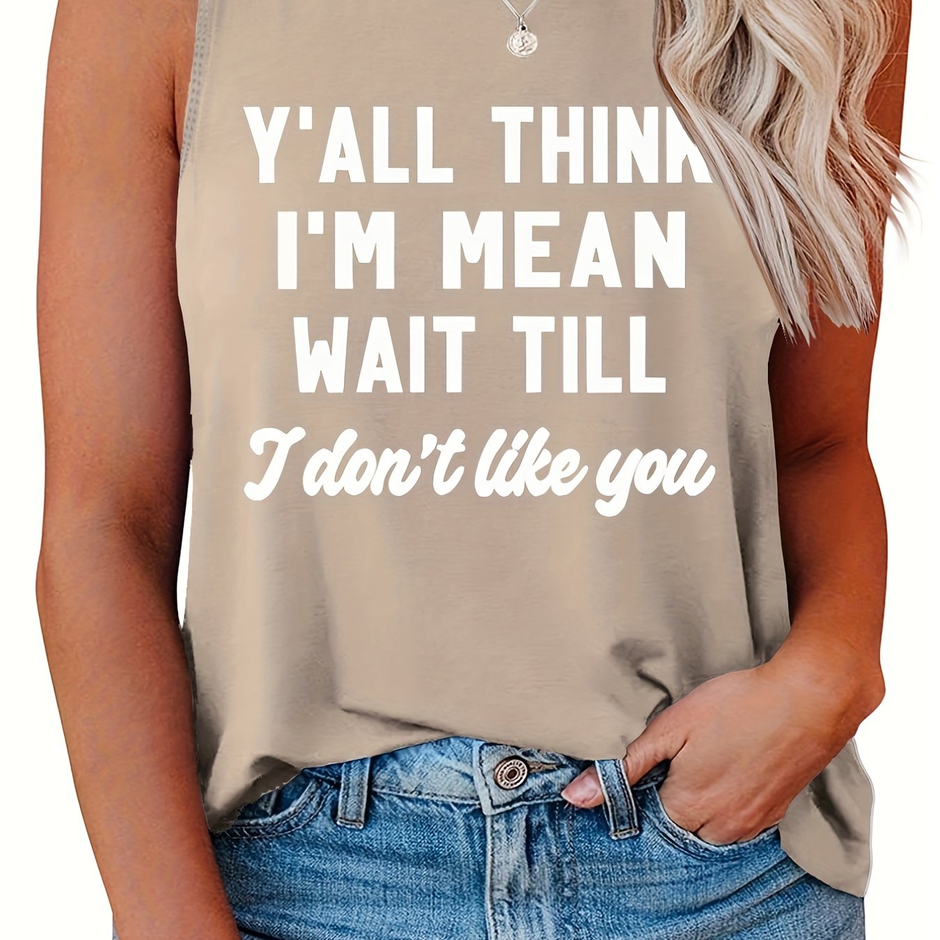 Plus Size Slogan Print Tank Top Round Neck Stretchy Casual Sleeveless Tee