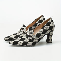 Women's Argyle Pattern Pumps Chunky Heels Slip On