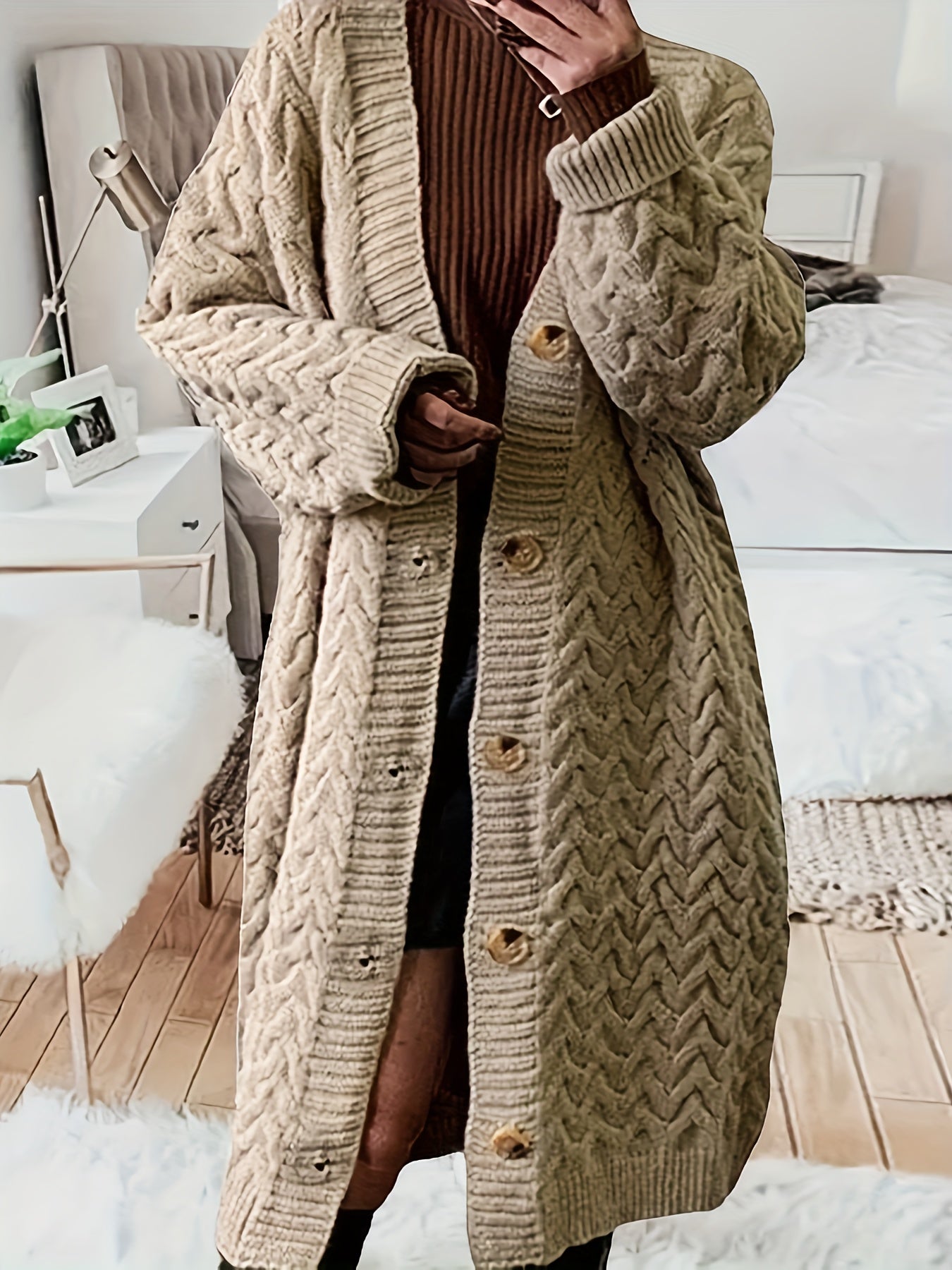  Cable Long Sleeve Button Up Cardigan