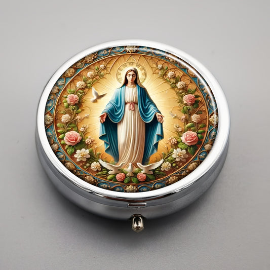 Virgin Mary Metal Pill Box 3 Compartment Portable Organizer