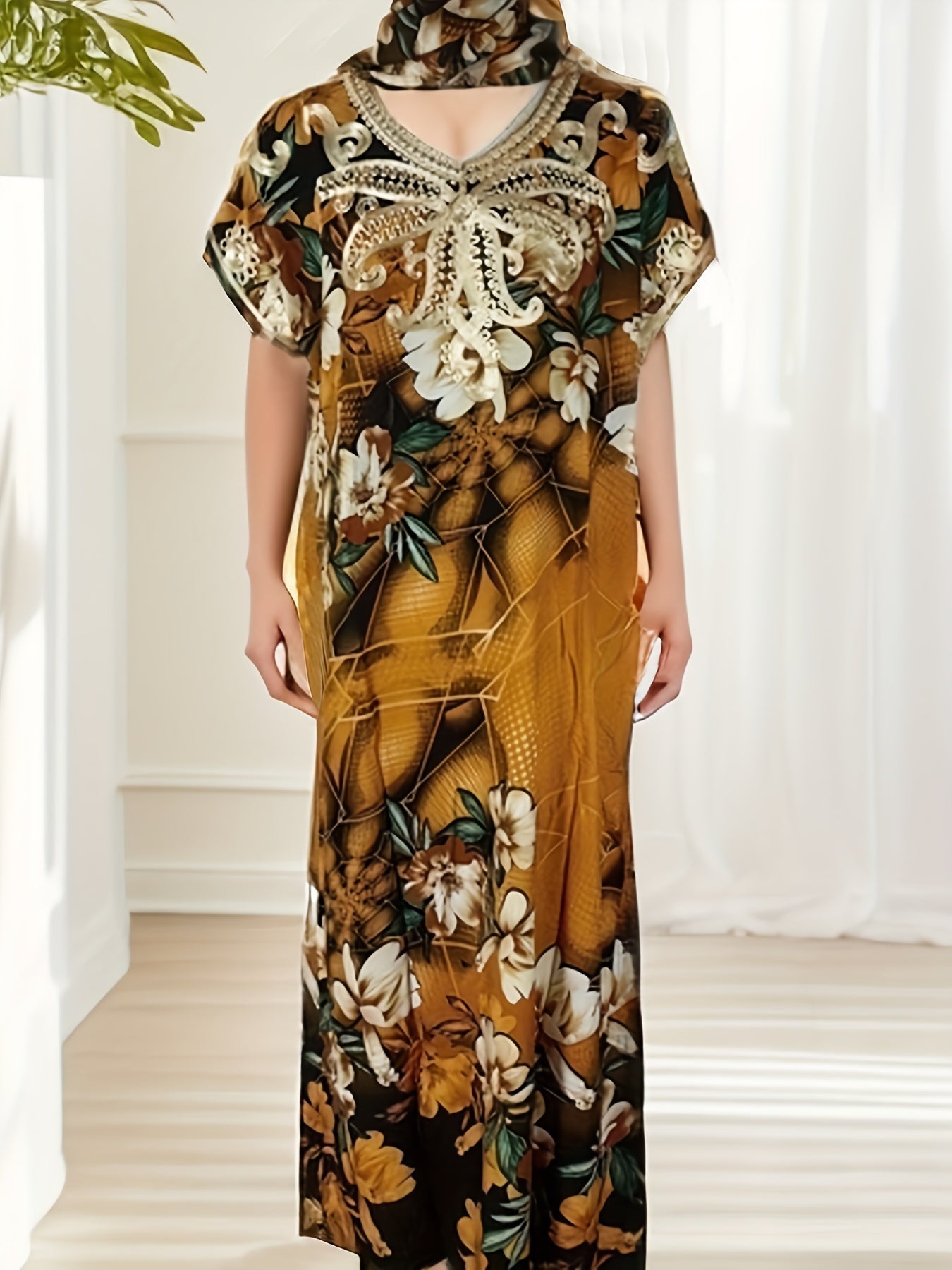  Floral Print Embroidered Bat Sleeve V Neck Maxi Jalabiya Dress