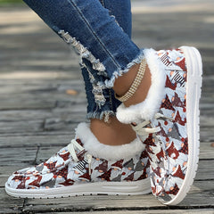 Women's Christmas Santa Print Snow Boots Plush Comfort Winter Lace up Flats