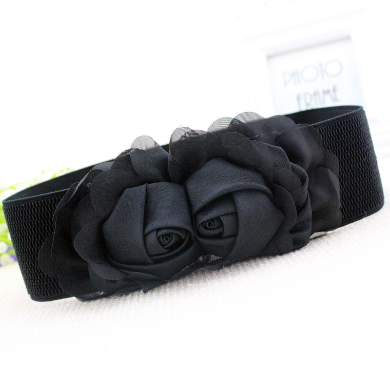 Elastic Wide Belt Lace Flower Buckle Solid Waistband