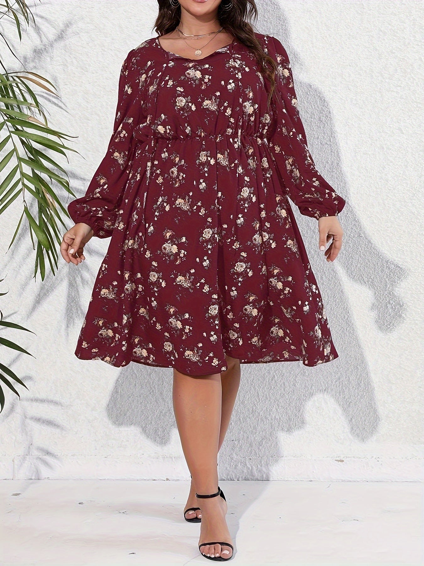  Boho Ditsy Floral Tie Front Lantern Sleeve Dress